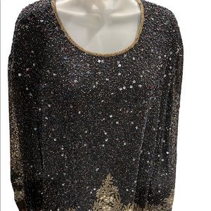 Laurence Kazar L Sequined Short Sleeve‎ Top Blouse